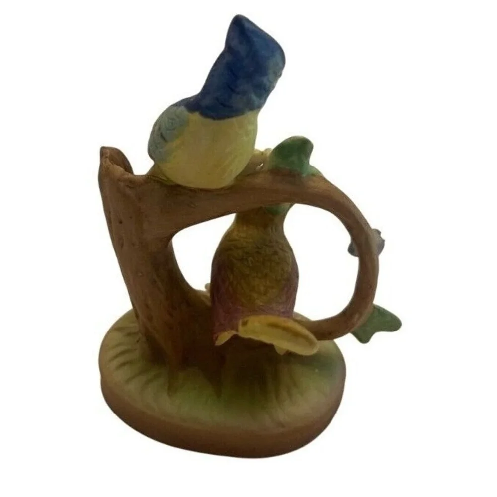 Vintage Blue Jay & Yellow Bird Perched On Tree Ceramic Figurine Decor 4" Germany - Picture 4 of 6